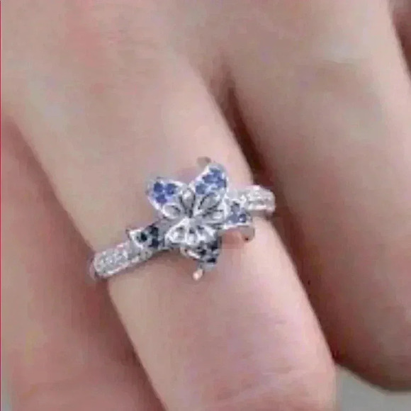 Beautiful 925 Silver Blue Sapphire Diamond Flower Ring - Picture 5 of 5